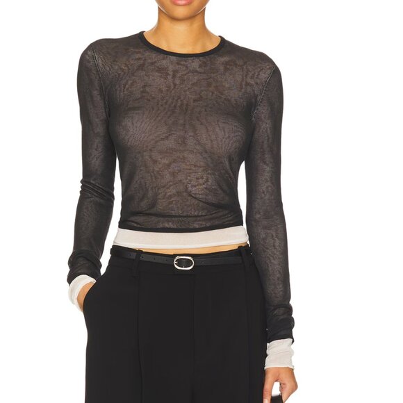 NEW EAVES Harlow Sheer Knit Top in Black & Cream Long Sleeve Sweater - Picture 1 of 8